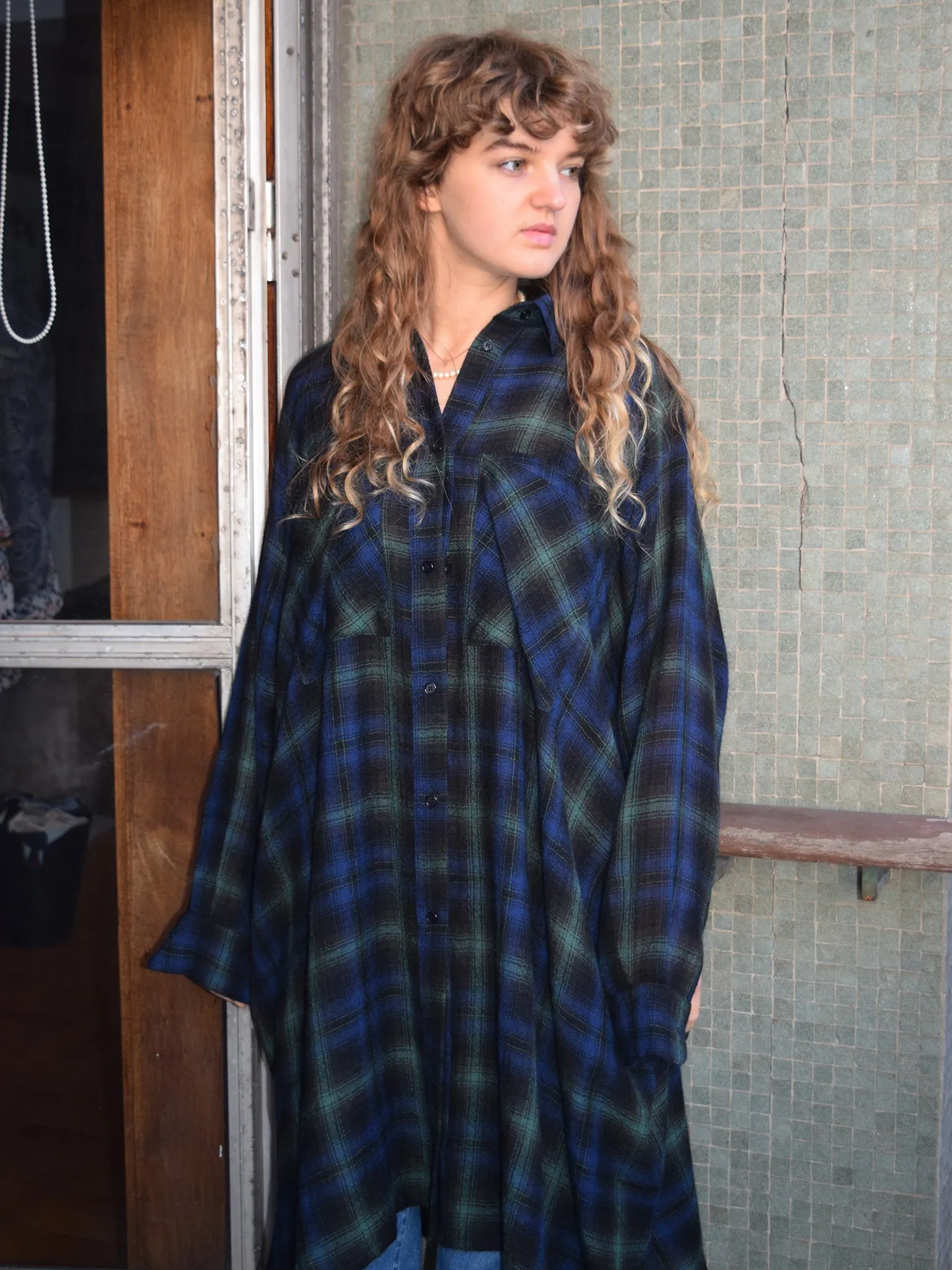 Olof shirt dress, navy & green checks