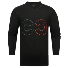 Pavini Black Men's V-Neck Long Sleeves T-shirt Fashion Design