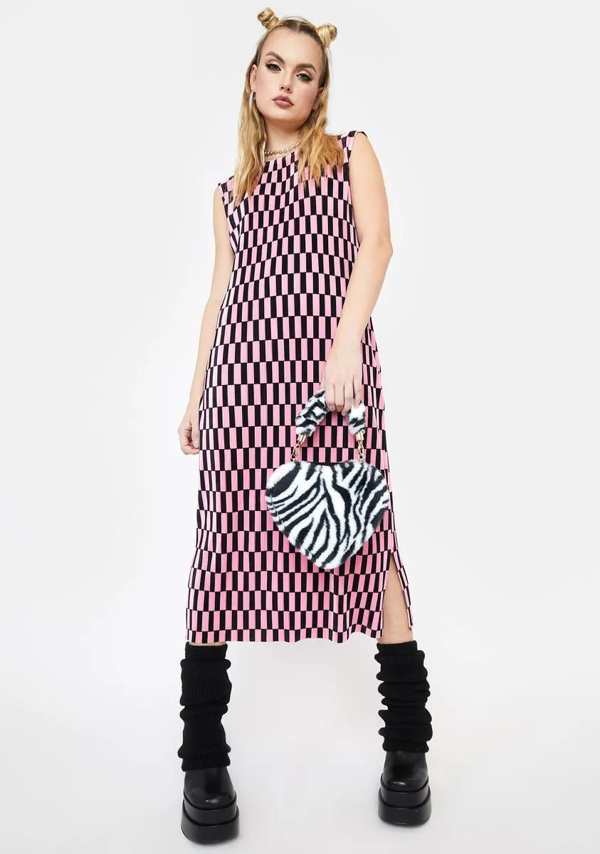 Pink Mono Check Plisse Midi Dress