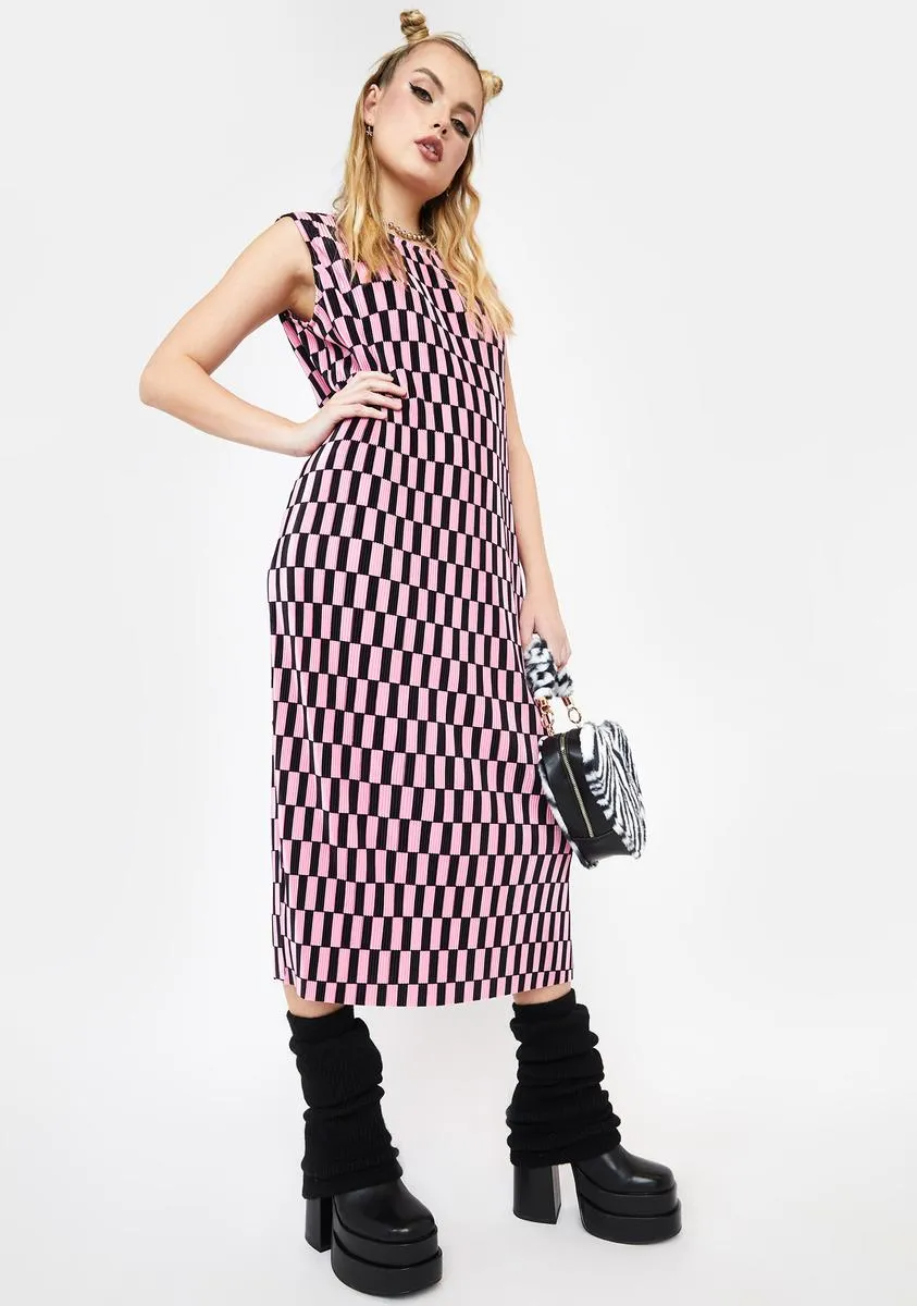 Pink Mono Check Plisse Midi Dress