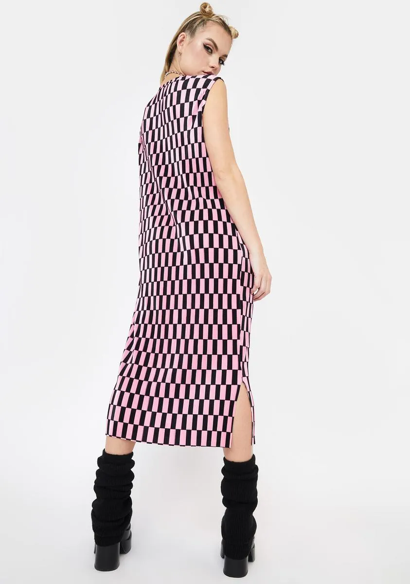 Pink Mono Check Plisse Midi Dress