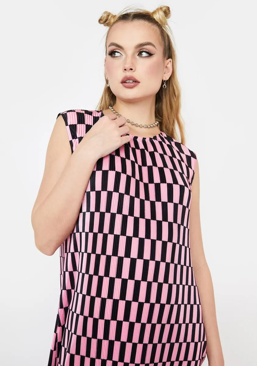 Pink Mono Check Plisse Midi Dress