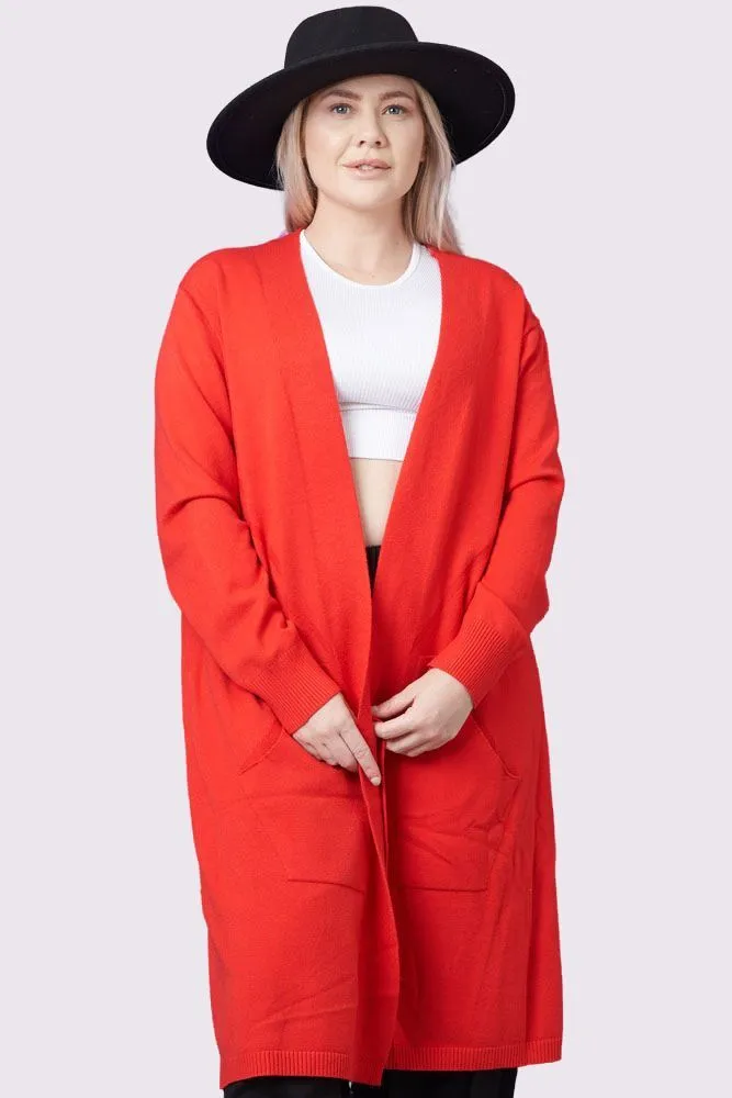 Plain Pocket Ribbed Hem Open Front Cardigan