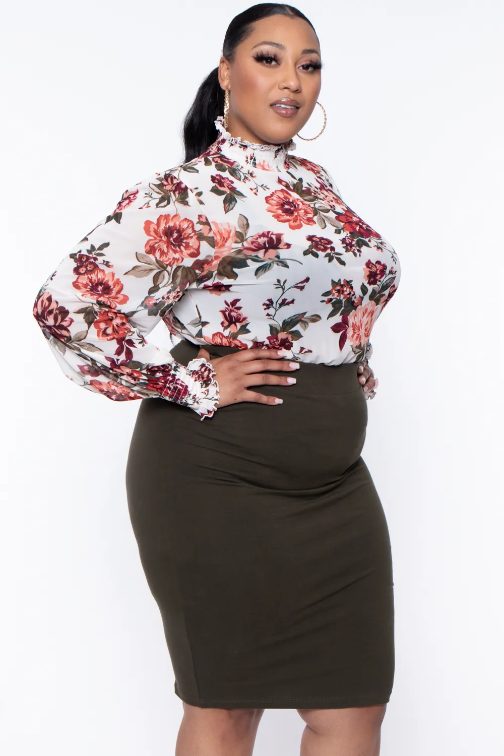 Plus Size Knit Pencil Skirt - Dark Olive