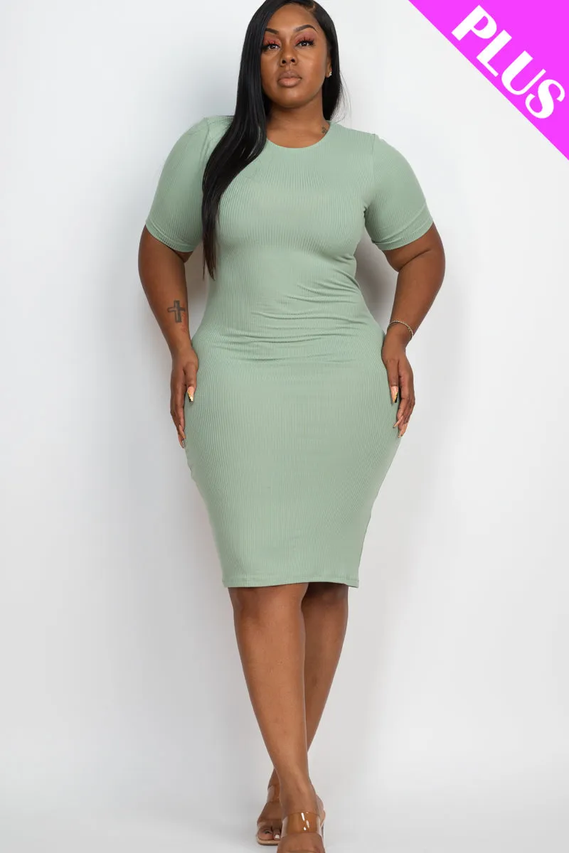 Plus Size Ribbed Short Sleeve Bodycon Midi Dress (CAPELLA)