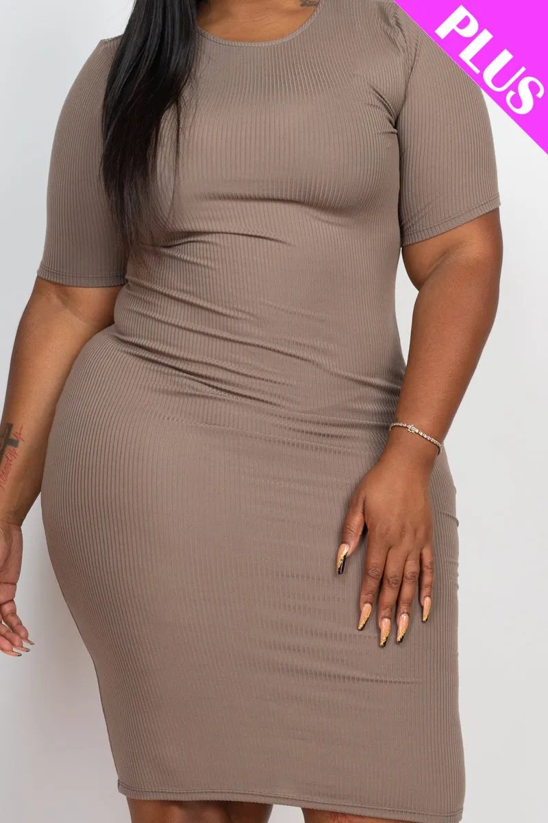 Plus Size Ribbed Short Sleeve Bodycon Midi Dress (CAPELLA)