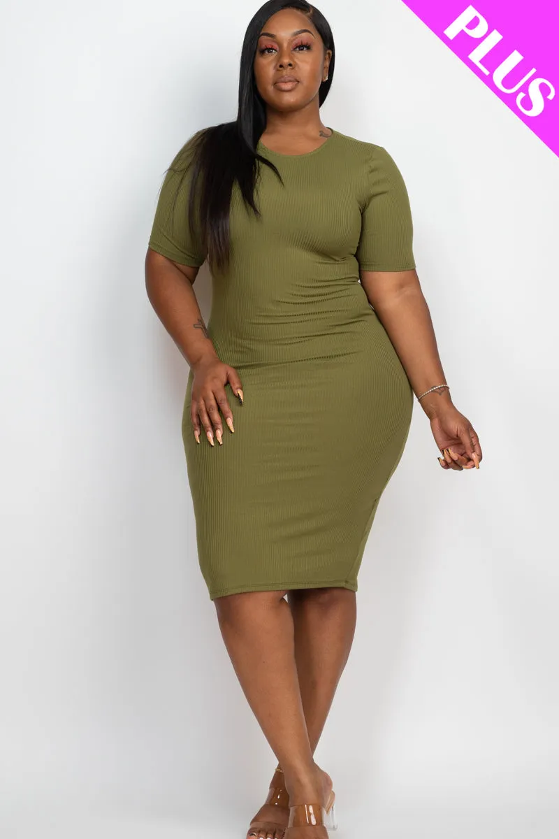 Plus Size Ribbed Short Sleeve Bodycon Midi Dress (CAPELLA)