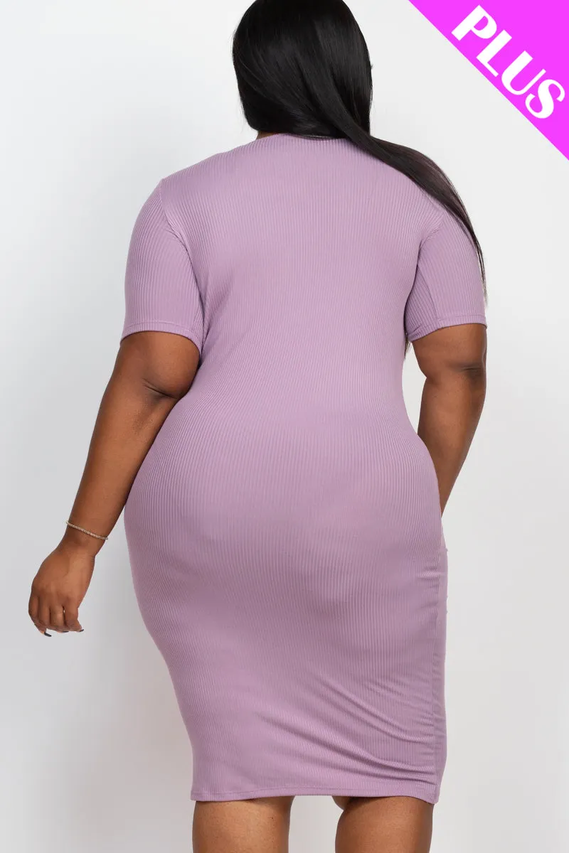 Plus Size Ribbed Short Sleeve Bodycon Midi Dress (CAPELLA)