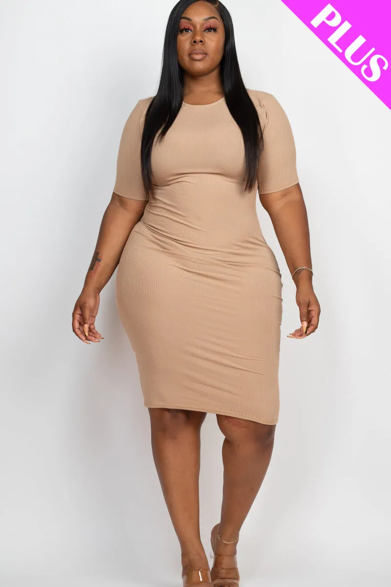 Plus Size Ribbed Short Sleeve Bodycon Midi Dress (CAPELLA)