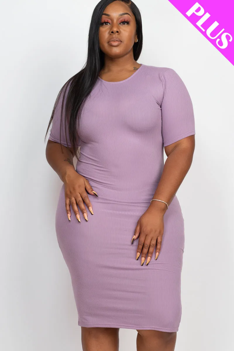 Plus Size Ribbed Short Sleeve Bodycon Midi Dress (CAPELLA)