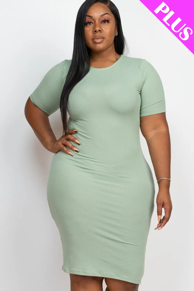 Plus Size Ribbed Short Sleeve Bodycon Midi Dress (CAPELLA)