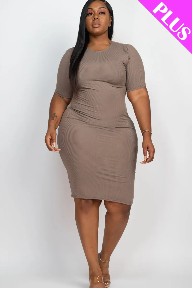 Plus Size Ribbed Short Sleeve Bodycon Midi Dress (CAPELLA)