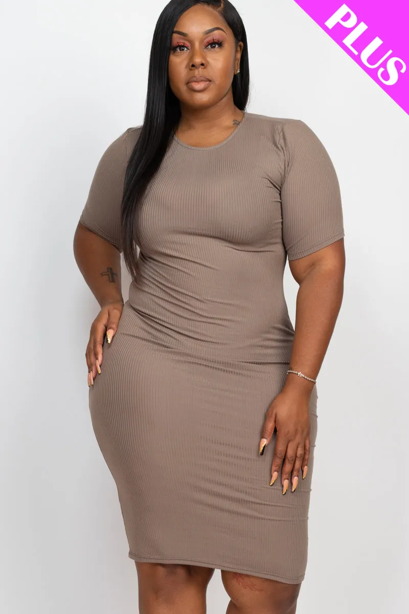 Plus Size Ribbed Short Sleeve Bodycon Midi Dress (CAPELLA)