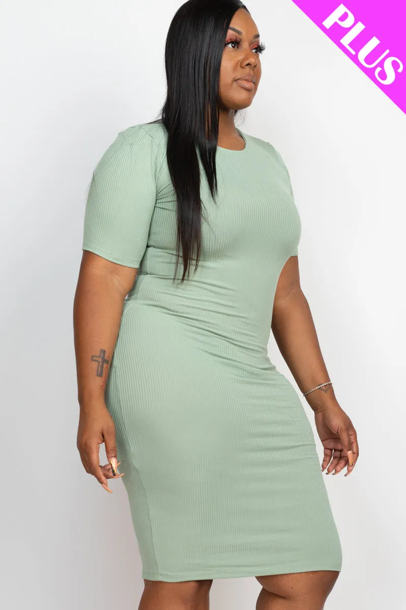 Plus Size Ribbed Short Sleeve Bodycon Midi Dress (CAPELLA)