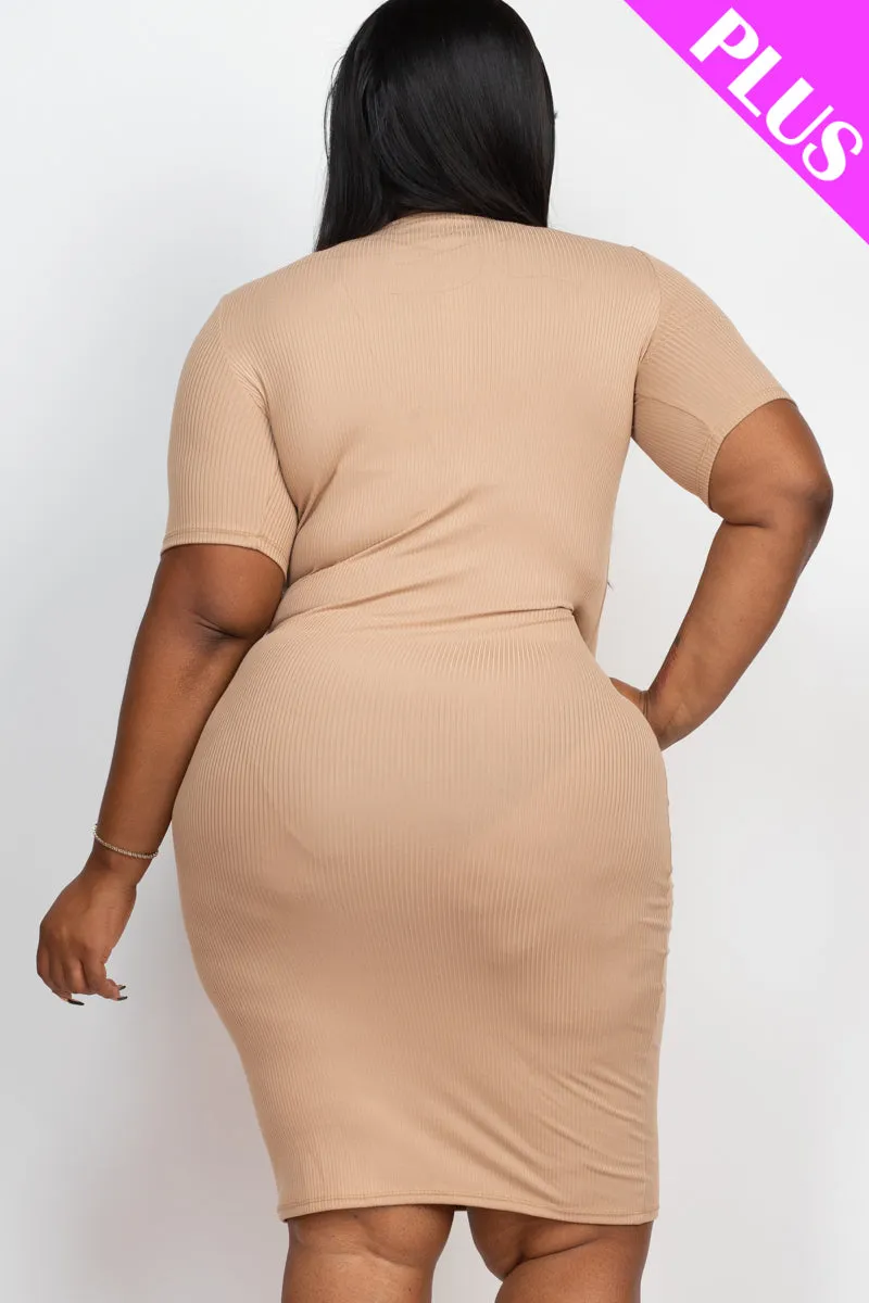 Plus Size Ribbed Short Sleeve Bodycon Midi Dress (CAPELLA)