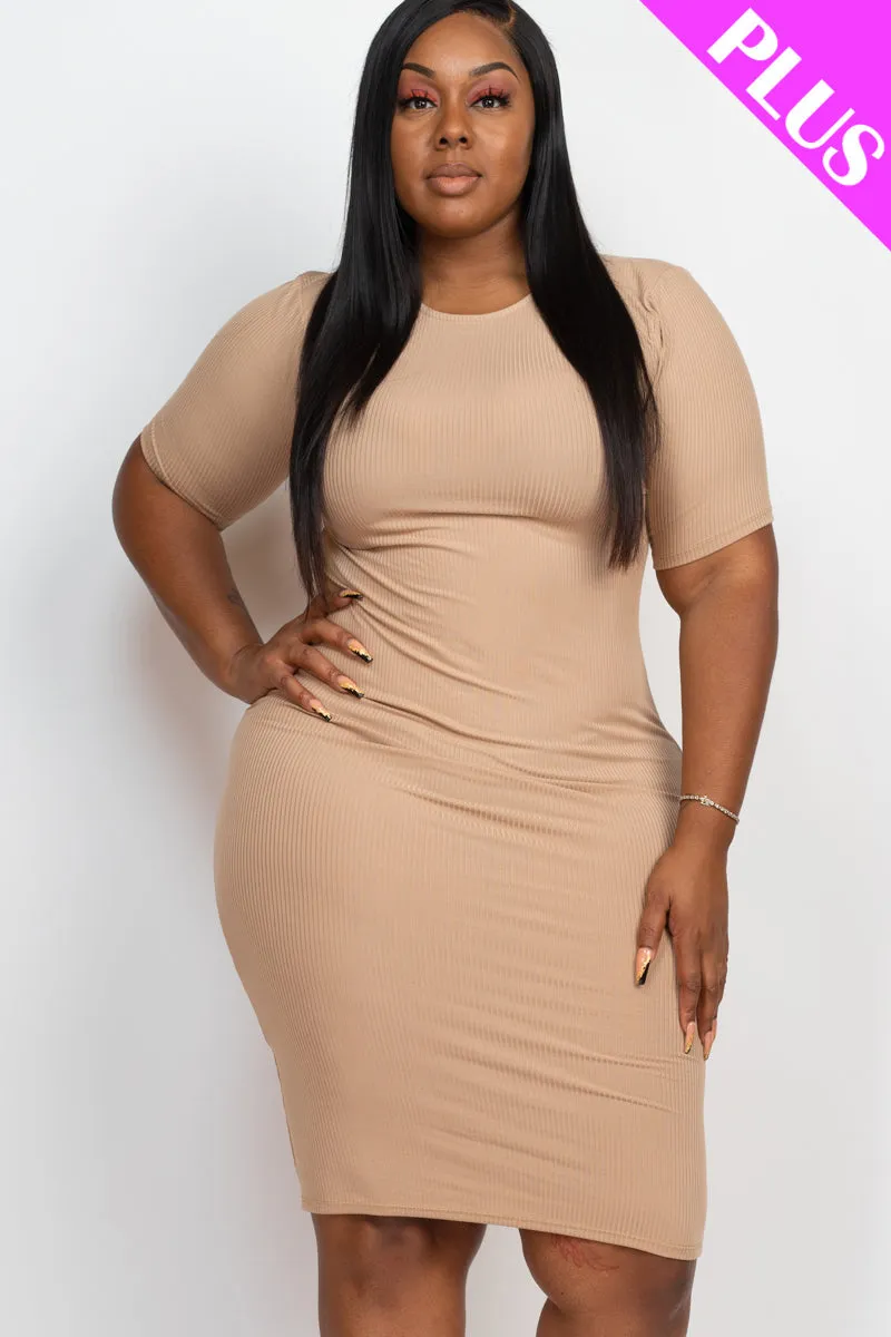 Plus Size Ribbed Short Sleeve Bodycon Midi Dress (CAPELLA)