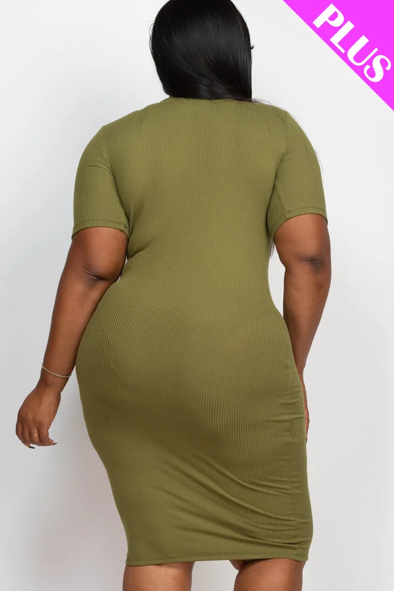 Plus Size Ribbed Short Sleeve Bodycon Midi Dress (CAPELLA)