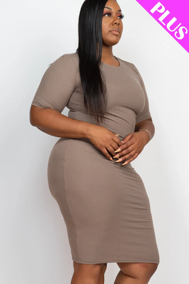 Plus Size Ribbed Short Sleeve Bodycon Midi Dress (CAPELLA)