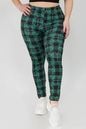 Plus Size Stay Lucky Green Clover Printed Leggings