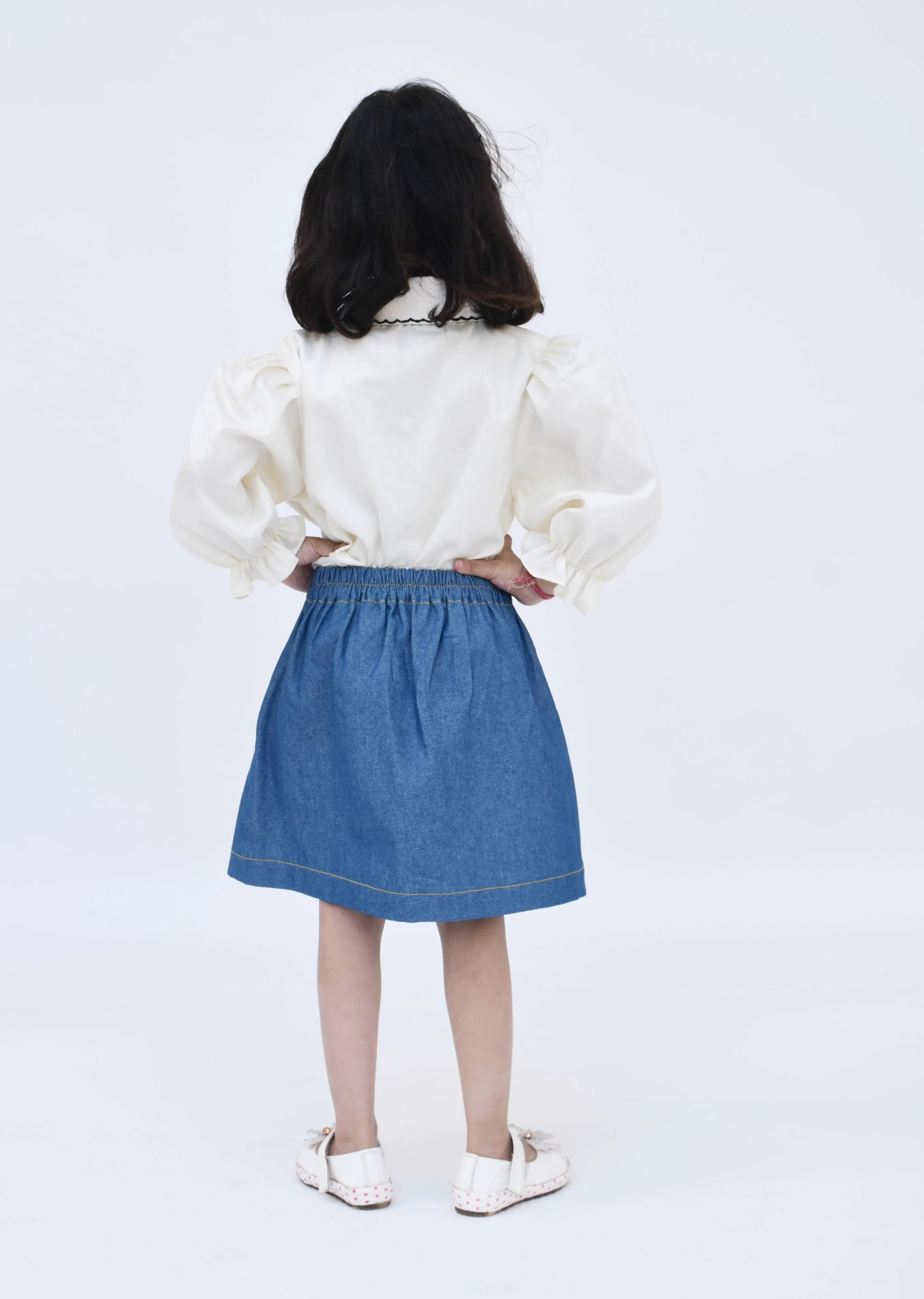 Pre Order: Off-White Top with Denim Skirt