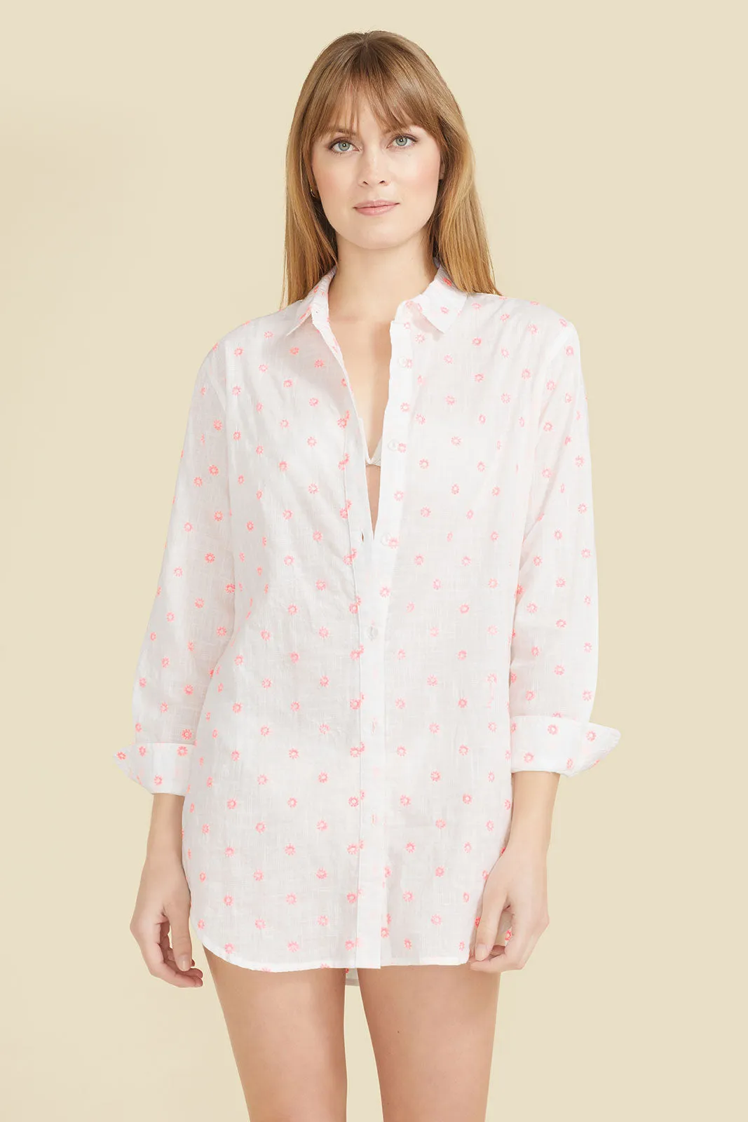 Primavera Shirt Dress - White with Pink Flowers by Sitano