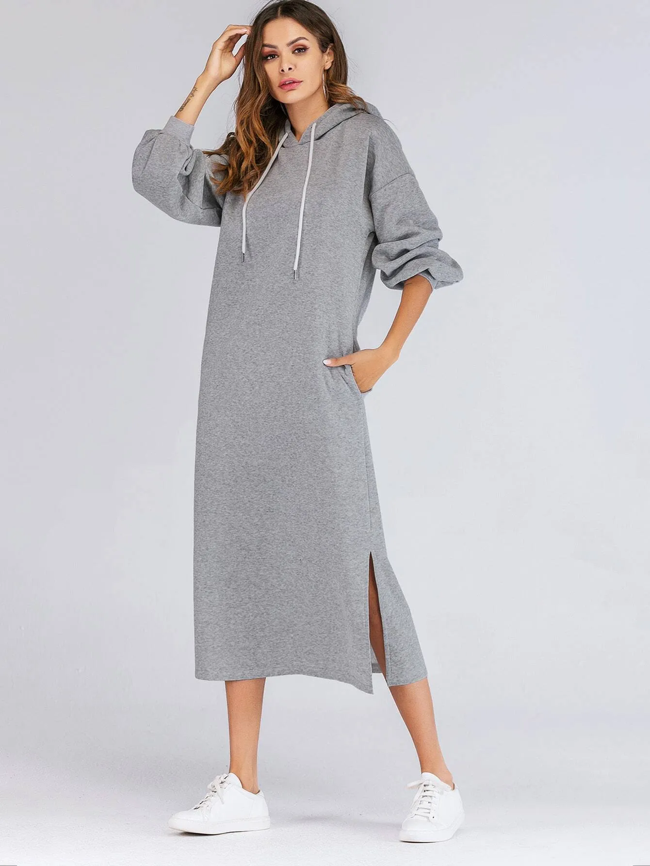 Puff Sleeve Split-side Drop Shoulder Hooded Sweat Dress