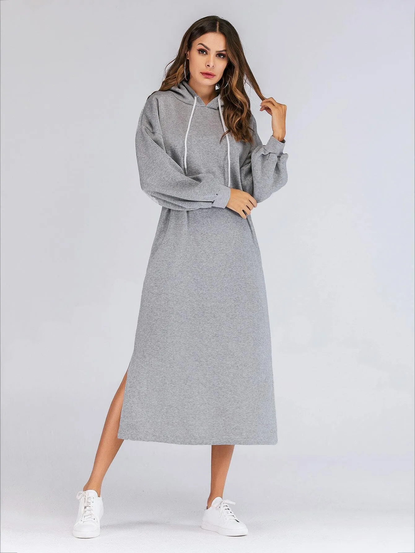 Puff Sleeve Split-side Drop Shoulder Hooded Sweat Dress