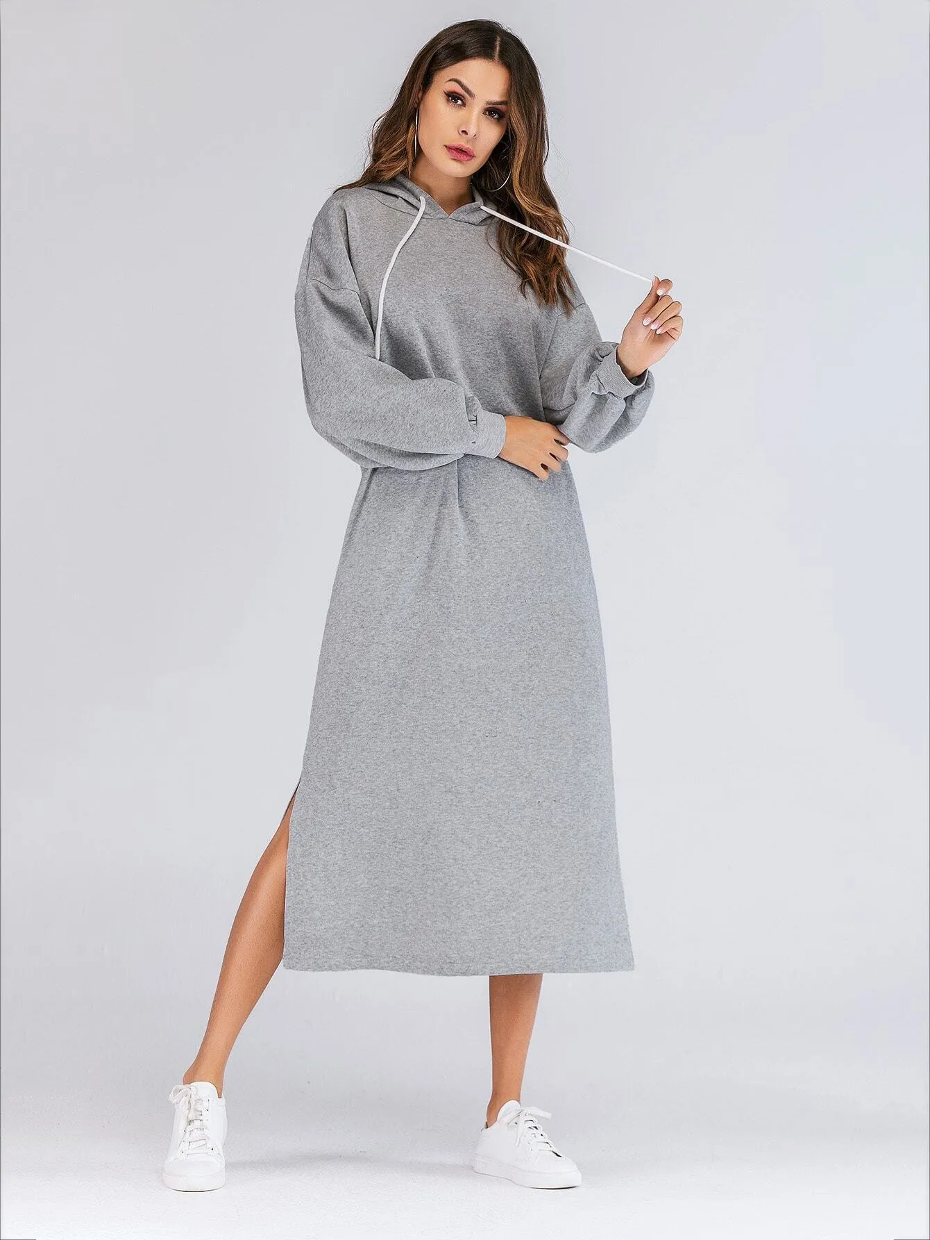 Puff Sleeve Split-side Drop Shoulder Hooded Sweat Dress