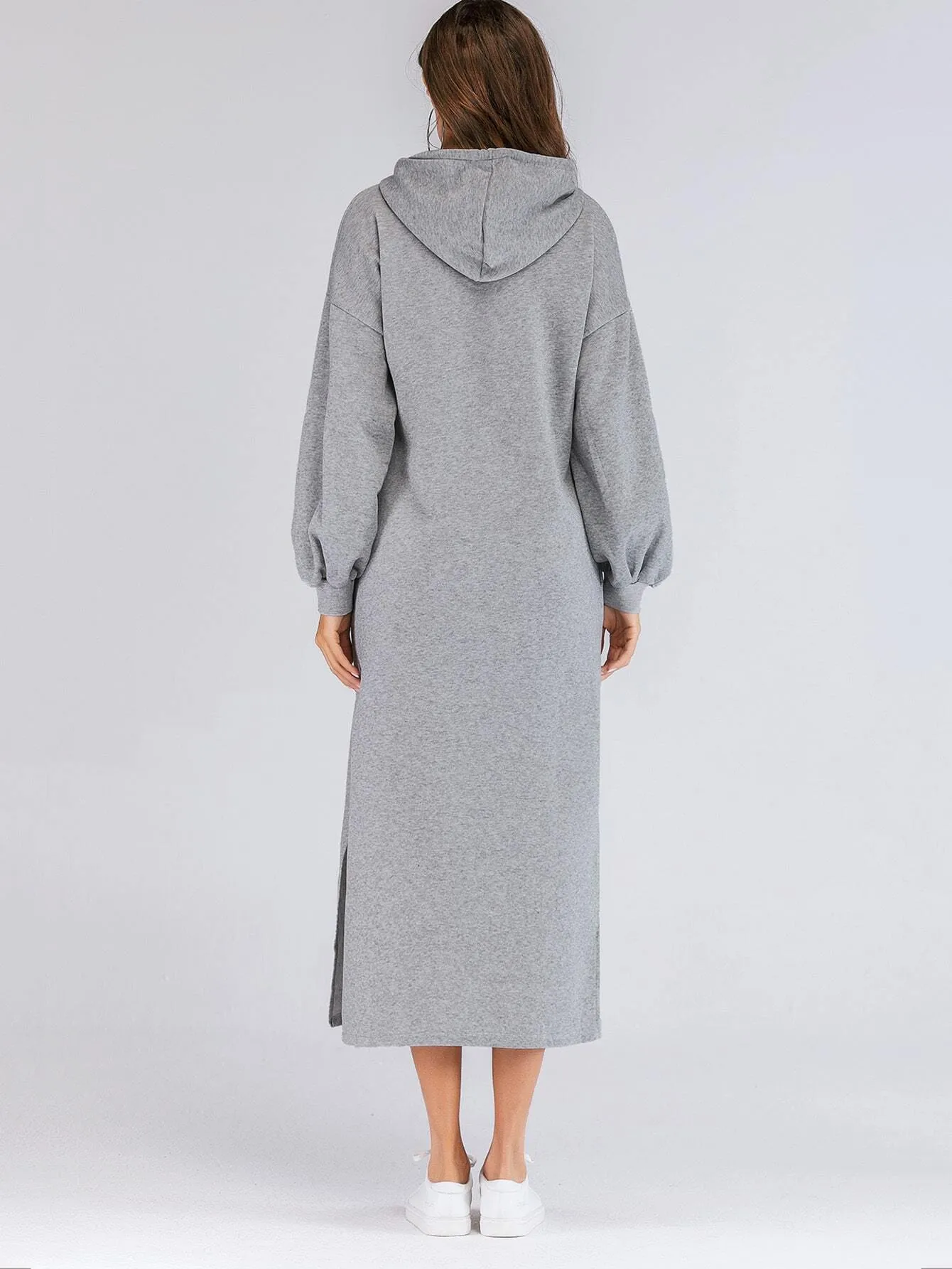 Puff Sleeve Split-side Drop Shoulder Hooded Sweat Dress