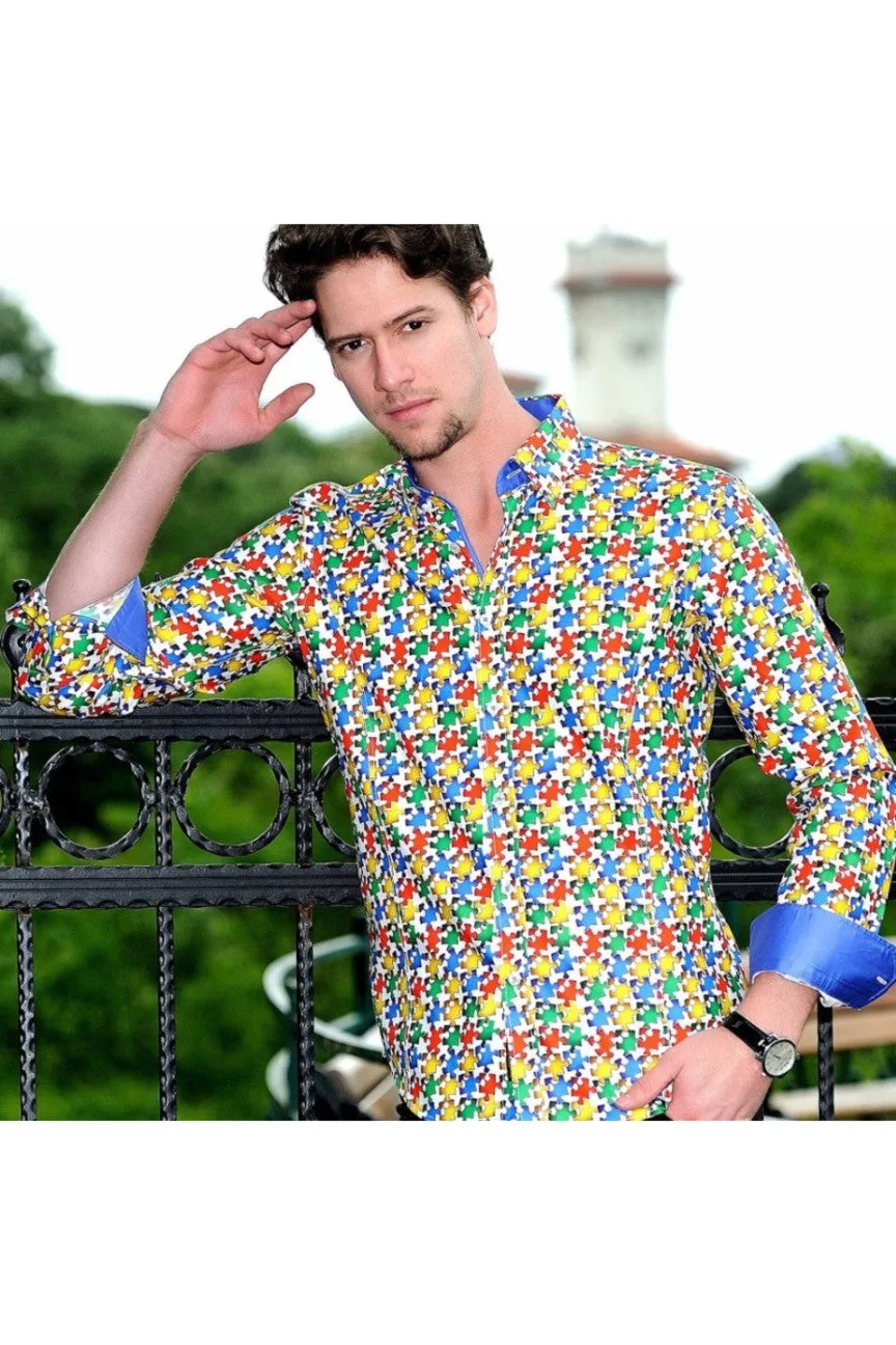 Puzzle Digital Print Shirt With Trim