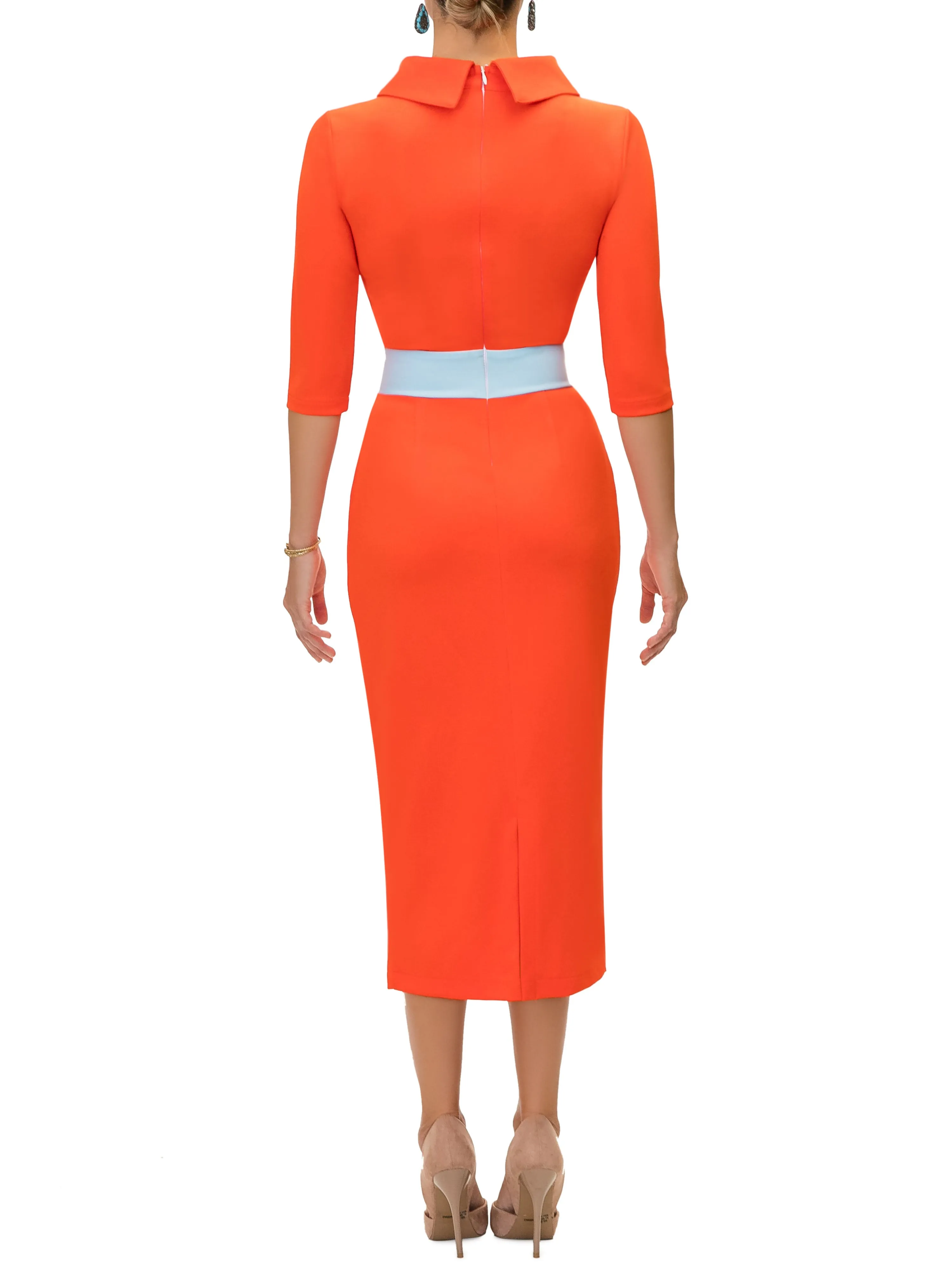 "Dwayna" Orange Contrast Waist Pencil Dress