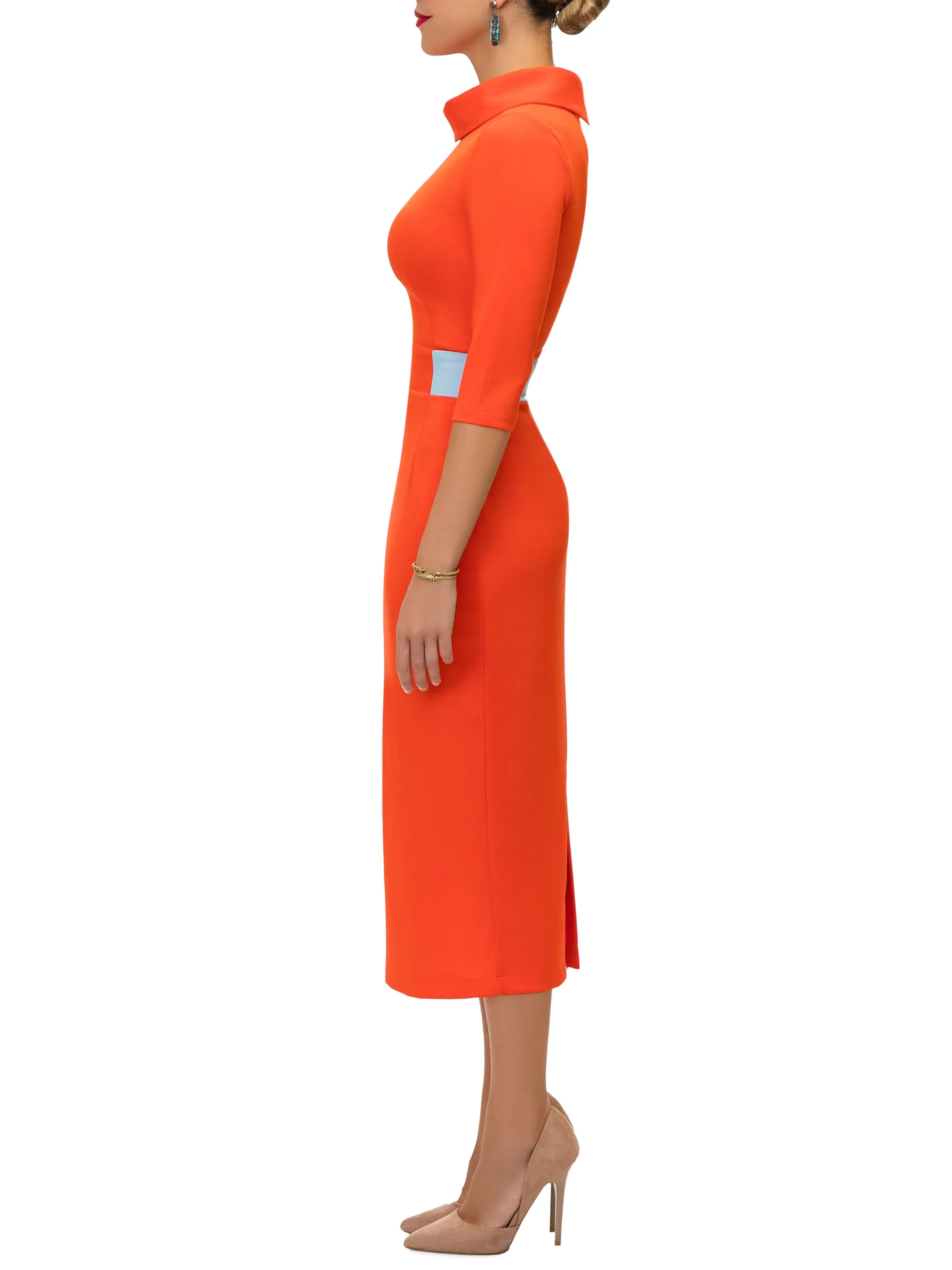 "Dwayna" Orange Contrast Waist Pencil Dress