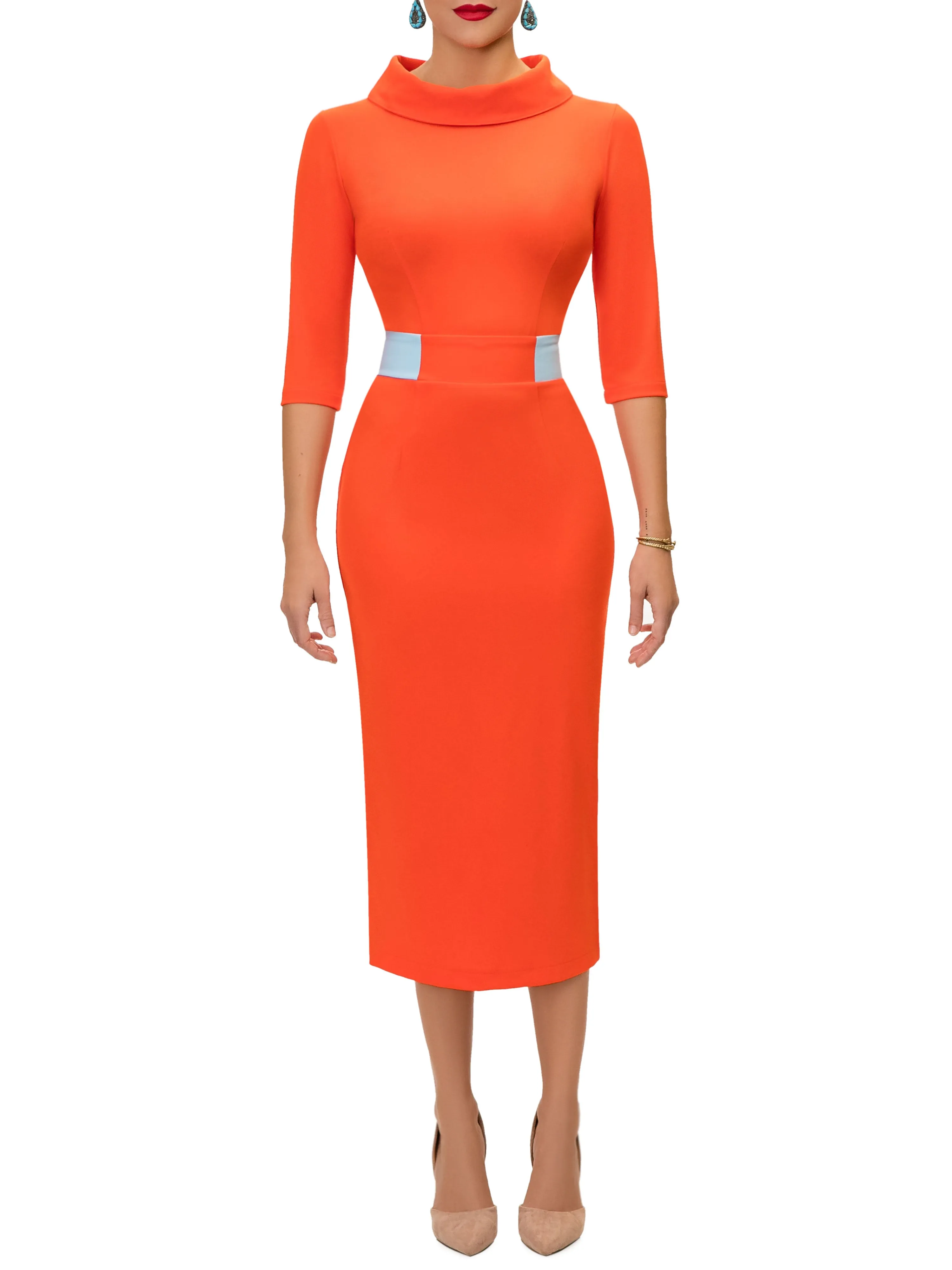 "Dwayna" Orange Contrast Waist Pencil Dress