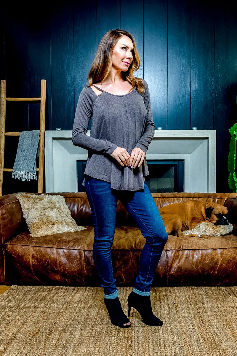 Relaxed Fit Long Sleeve Scoop Neck T-Shirt with Peek-a-Boo Shoulder Cutouts and Draped Round Hem (T5016KL)