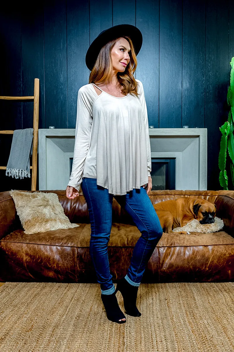 Relaxed Fit Long Sleeve Scoop Neck T-Shirt with Peek-a-Boo Shoulder Cutouts and Draped Round Hem (T5016KL)