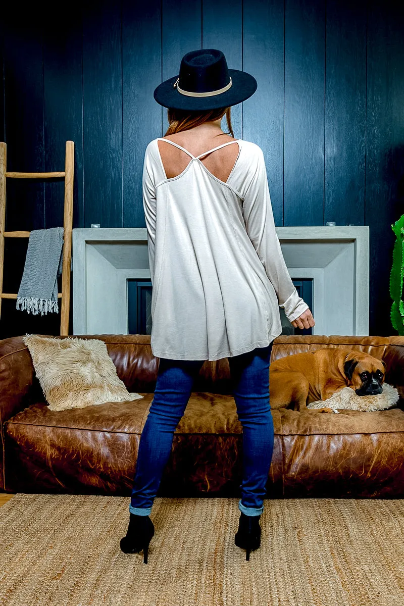 Relaxed Fit Long Sleeve Scoop Neck T-Shirt with Peek-a-Boo Shoulder Cutouts and Draped Round Hem (T5016KL)