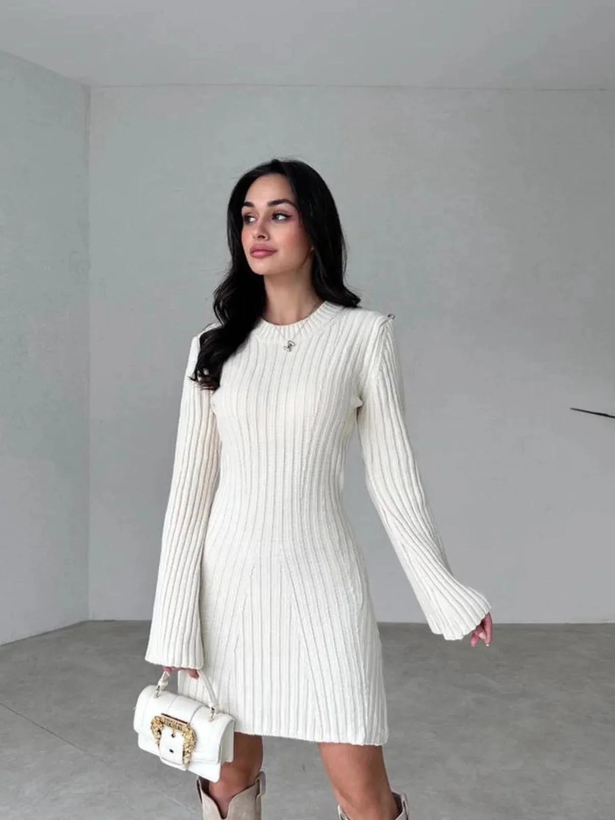 Ribbed Knit Bell-Sleeve Mini Dress