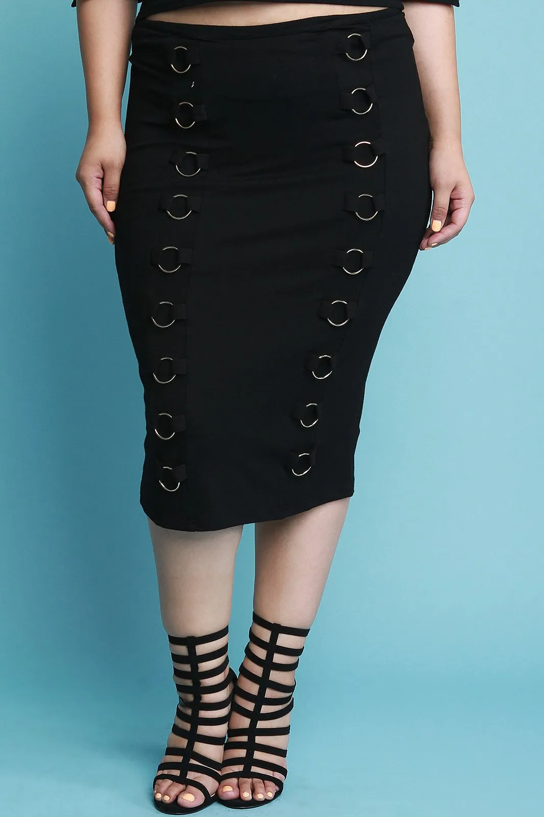 Ring Embellished Pencil Midi Skirt