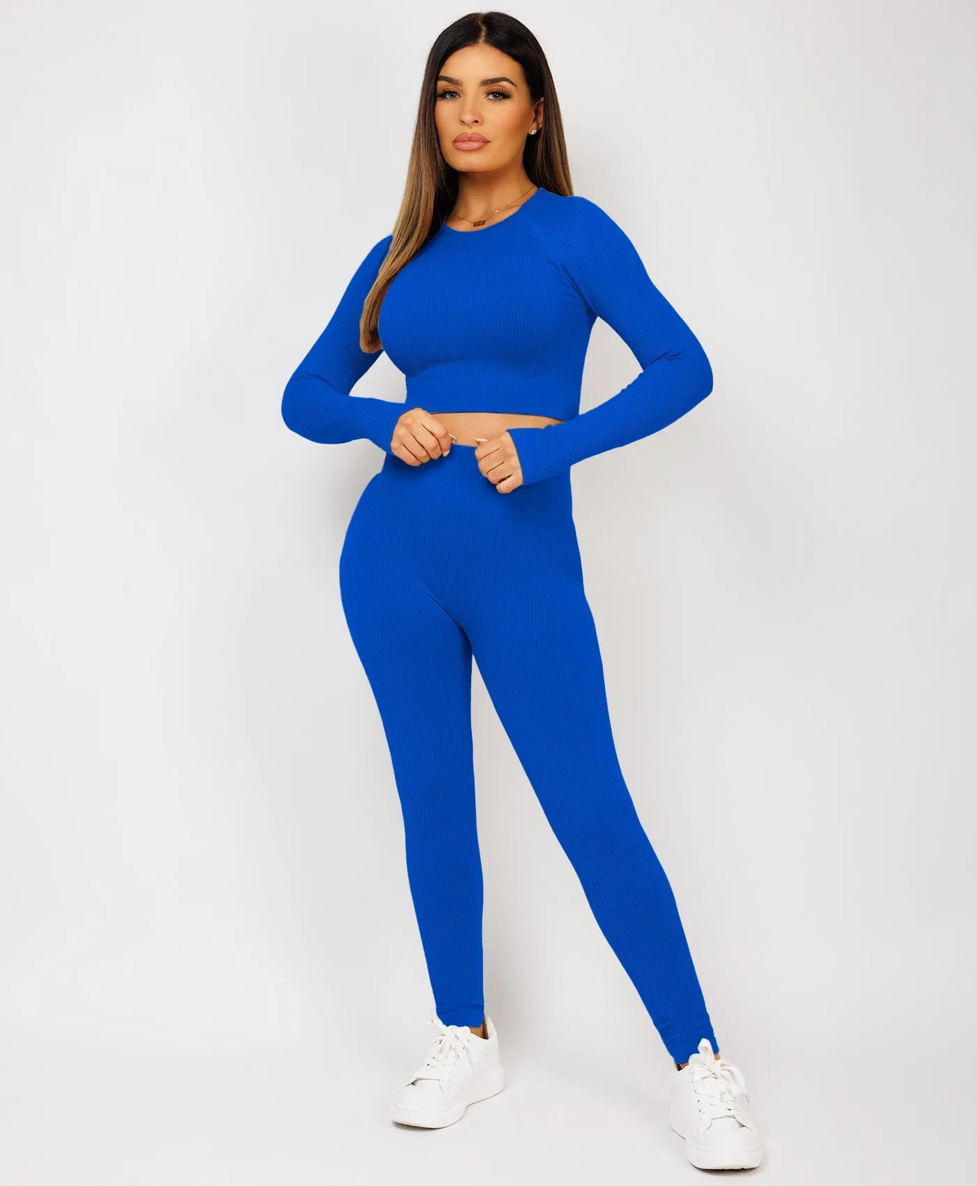 Royal Blue Strechy Ribbed Cropped High Waist Tracksuit Set