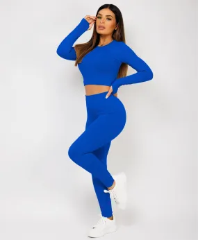 Royal Blue Strechy Ribbed Cropped High Waist Tracksuit Set