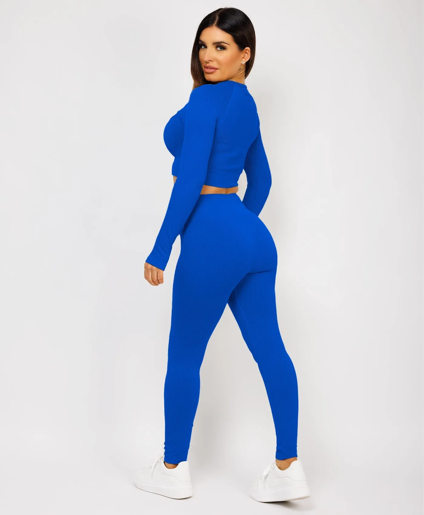 Royal Blue Strechy Ribbed Cropped High Waist Tracksuit Set