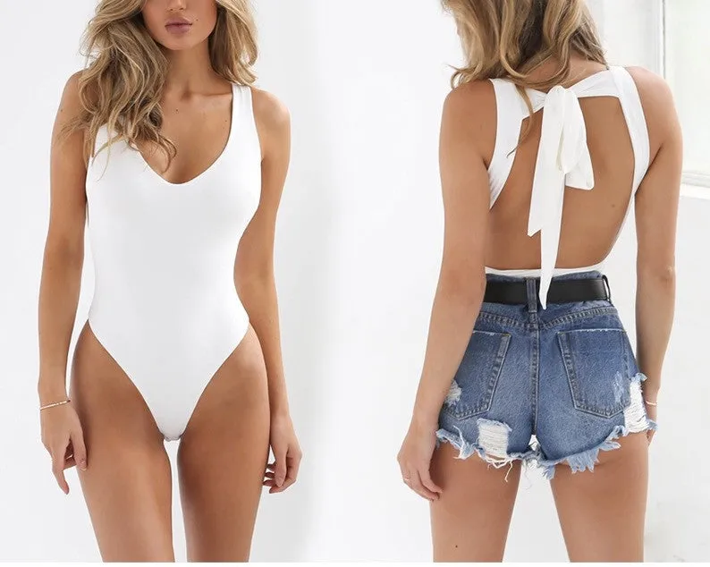 Sexy bow tie backless bodysuit top