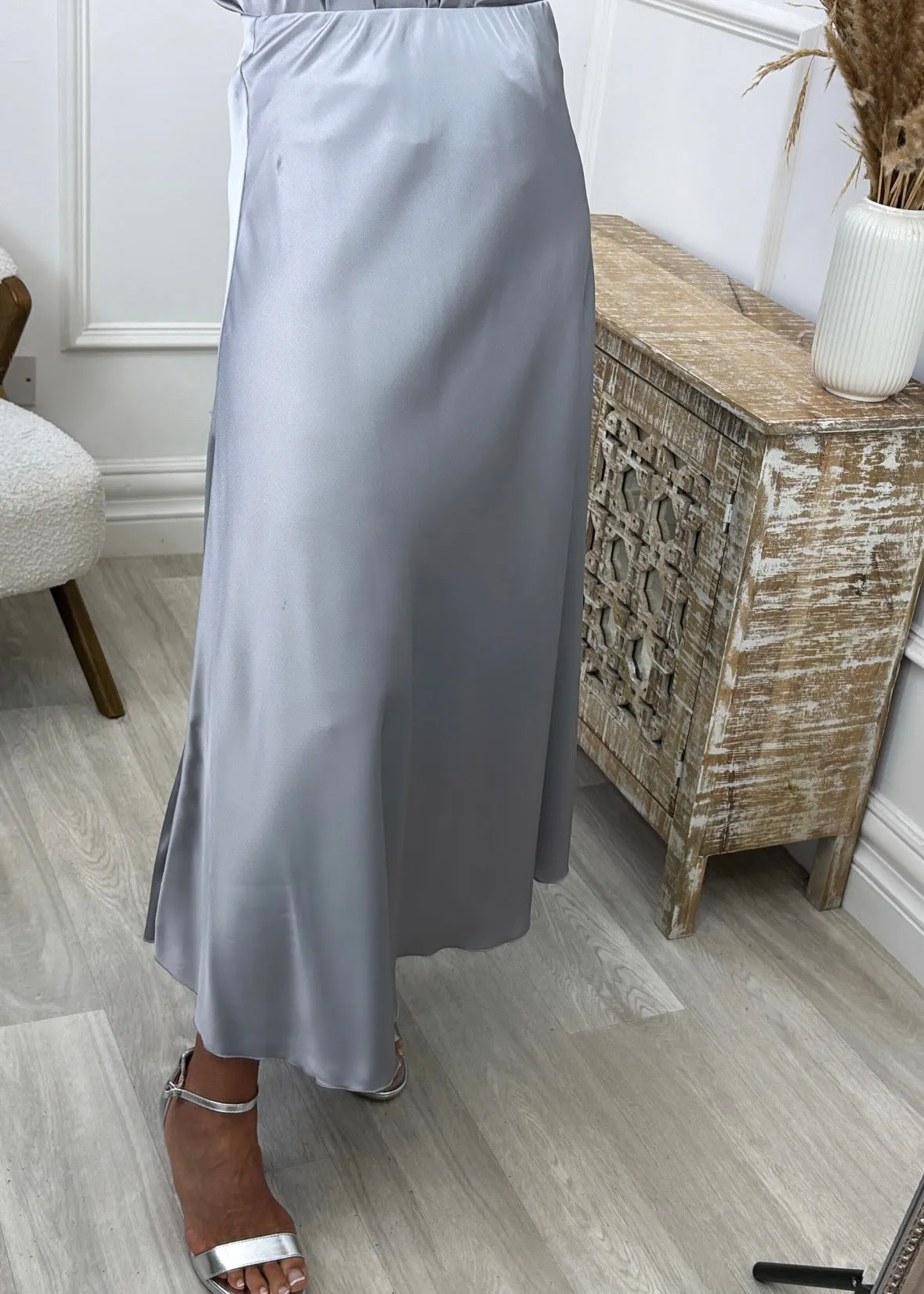 Shannon Grey Satin Midi Skirt