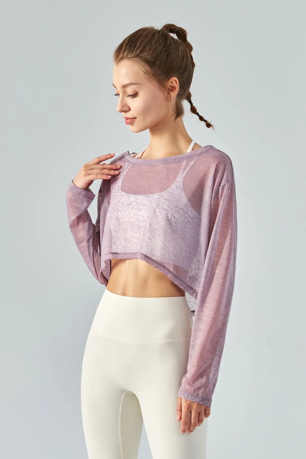 Sheer Mesh Long Sleeve Crop Shirts