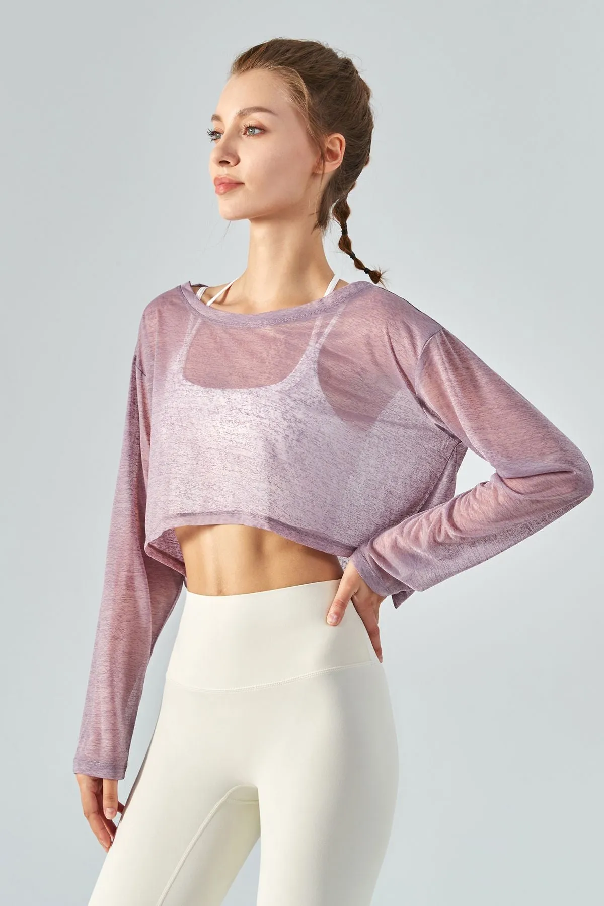 Sheer Mesh Long Sleeve Crop Shirts