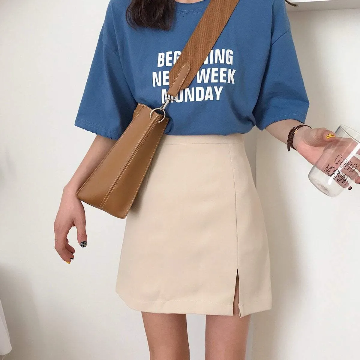 Simple Casual Side Slit High Waist Mini Pencil Skirt