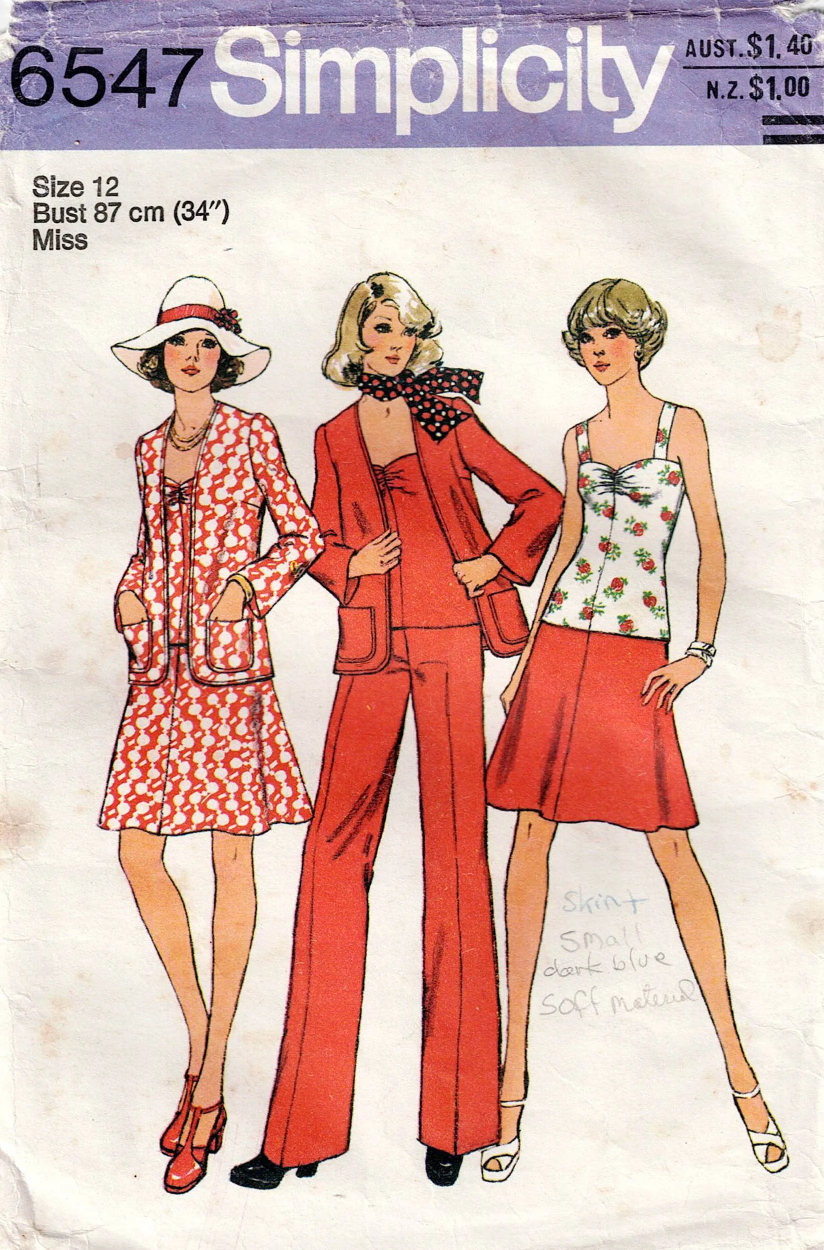 Simplicity 6547 Womens Summer Top Jacket Mini Skirt & Pants 1970s Vintage Sewing Pattern Size 12 Bust 34 inches