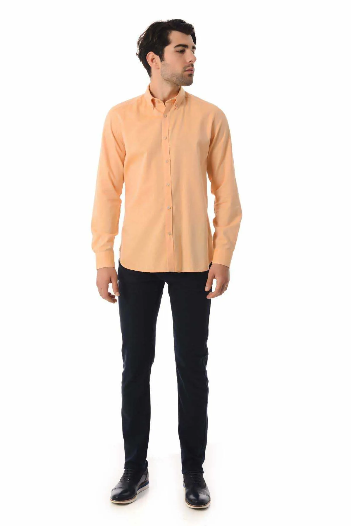 Slim Fit Long Sleeve Cotton Orange Casual Shirt