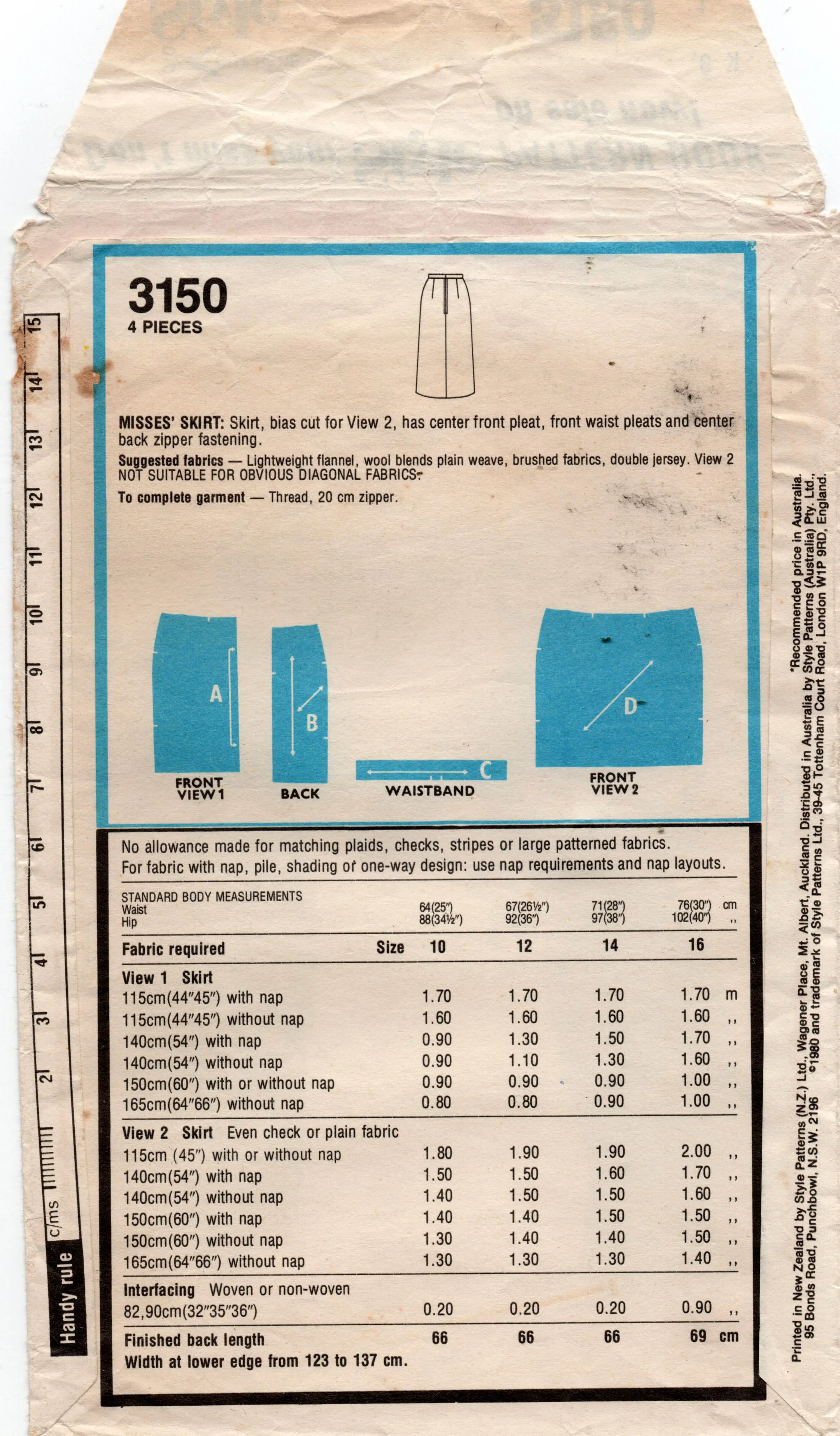 Style 3150 Womens Inverted Pleat Skirt 1980s Vintage Sewing Pattern Size 12 Waist 26.5 inches