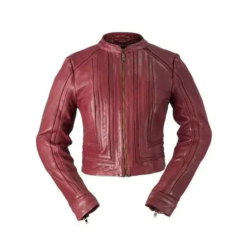 Stylish Oxblood Geometric Cropped Leather Jacket for Women